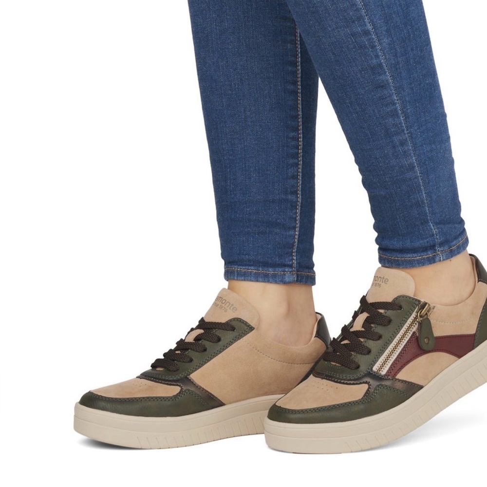 Remonte Green and Beige Sneakers with Red Accent